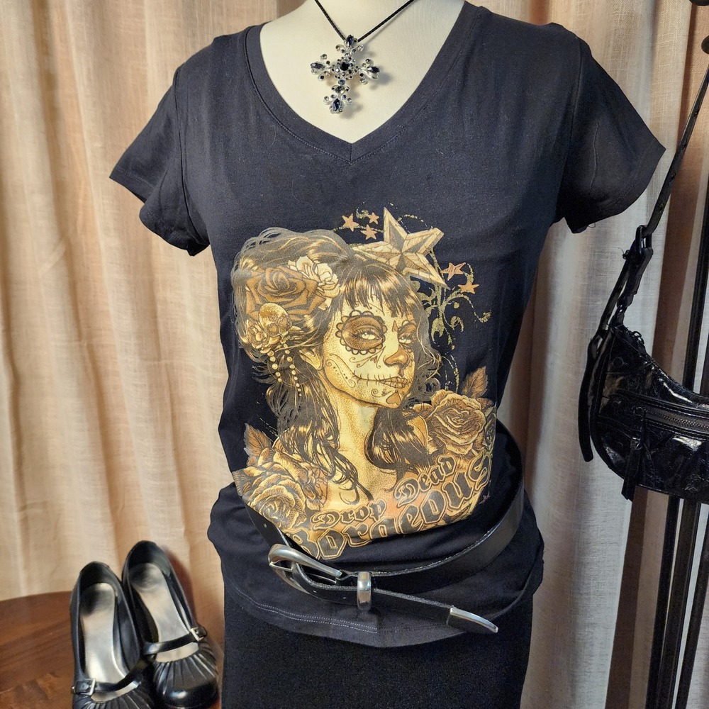 EEVEE Sugar Skull Girl Tee Drop Dead Gorgeous Y2K Tattoo Rockabilly Sz S